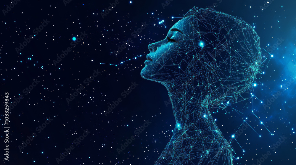 A Virgo zodiac sign design featuring a low-poly, stylish woman with futuristic space elements against a starry galaxy background. A Virgo zodiac sign design featuring a low-poly, stylish woman with futuristic space elements against a starry galaxy background.