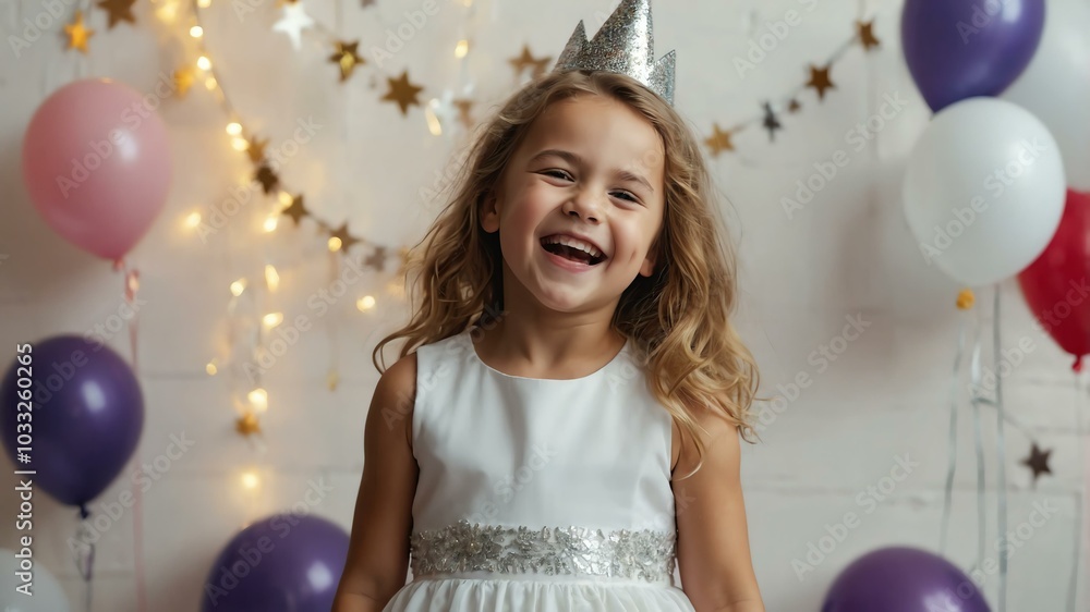 Fototapeta premium Female caucasian girl in white attire on kids background