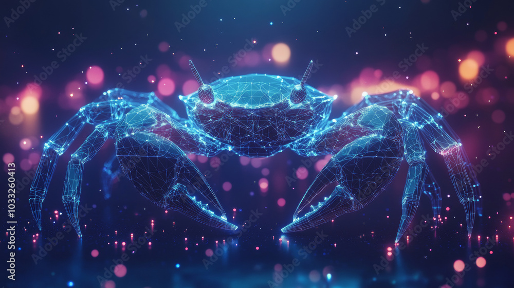 A crab-shaped design with futuristic details against a starry galaxy background. This represents the Cancer zodiac sign in a modern, artistic way.low poly digital wireframe. A crab-shaped design with futuristic details against a starry galaxy background. This represents the Cancer zodiac sign in a modern, artistic way.low poly digital wireframe.