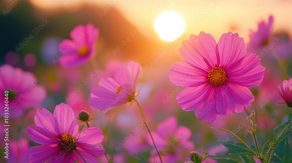 Pink Cosmos Flower in a Field with Sunset in the Background Pink Cosmos Flower in a Field with Sunset in the Background