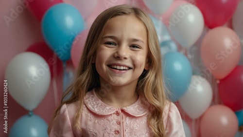 Female caucasian girl in pink attire on kids background