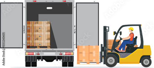 Operator handling cardboard box, pallet into storage open cargo container by forklift for logistic, shipping and delivery. Freight transport, warehousing and distribution industry. Vector illustration