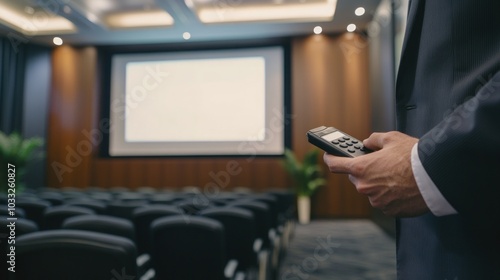 Business Speaker Using Remote Control During Presentation in Conference Hall photo