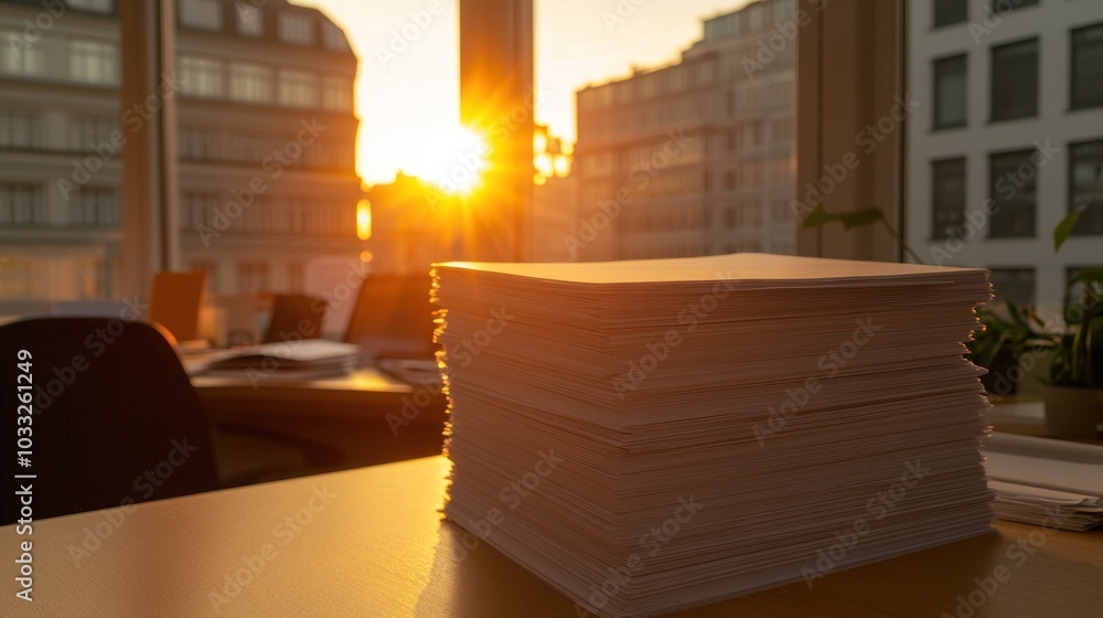 A Stack of Papers on a Desk with Sunset View Through Window A Stack of Papers on a Desk with Sunset View Through Window