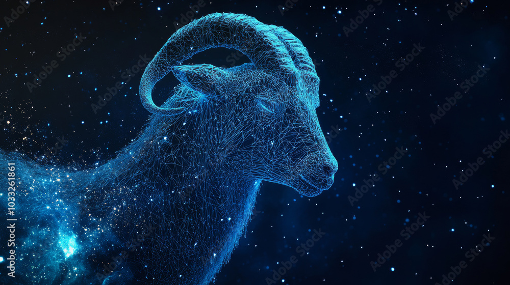 A modern, futuristic image of an Aries zodiac sign. It features a low-polygon goat character with space-like elements against a starry galaxy backdrop.low poly digital wireframe. A modern, futuristic image of an Aries zodiac sign. It features a low-polygon goat character with space-like elements against a starry galaxy backdrop.low poly digital wireframe.