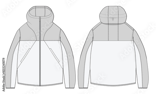 Hooded Outdoor Jacket CAD Vector Design Template Front and Back Views