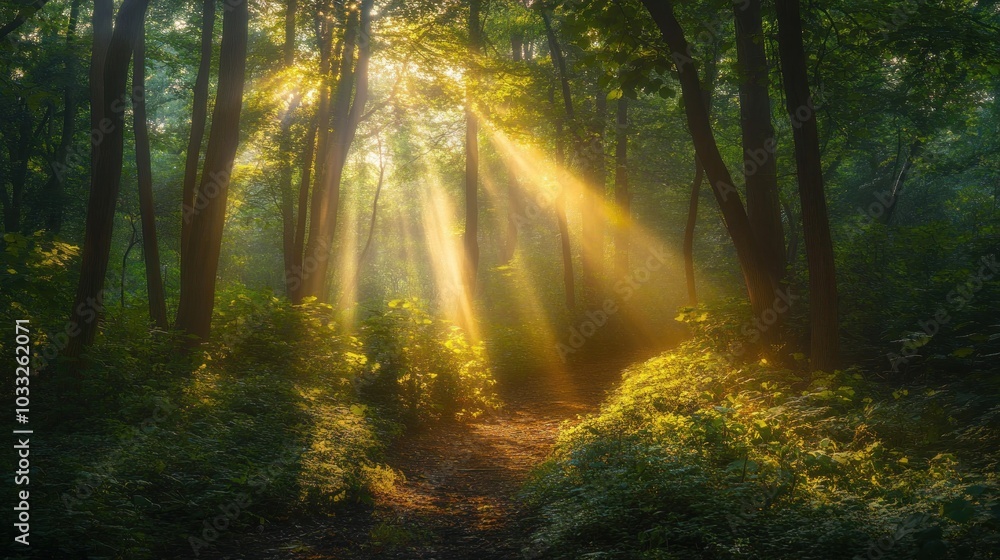 Naklejka premium Sunbeams pierce through the dense canopy of a misty forest, illuminating a path through the trees.