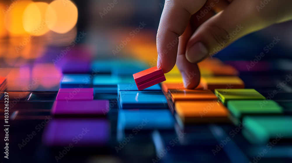 A hand is moving colorful pieces on a diagram, showing how goals, plans, and tasks are managed. This modern art piece represents the ideas and work that go into building a business. A hand is moving colorful pieces on a diagram, showing how goals, plans, and tasks are managed. This modern art piece represents the ideas and work that go into building a business.
