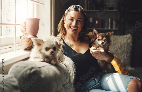 Photography Woman, portrait and coffee with dogs in home for relax, bonding with animals or happy on sofa