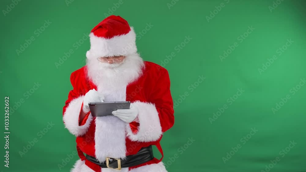 Focused Santa writing gift ideas on tablet with stylus standing on green background. Mid shot. Focused Santa writing gift ideas on tablet with stylus standing on green background. Mid shot.