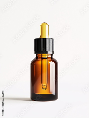 A glass dropper bottle containing a golden-hued oil, highlighting its elegant design for holistic health.