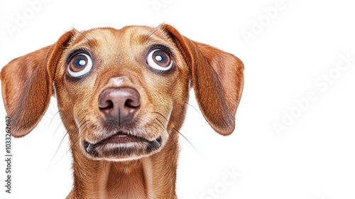 A brown dachshund dog with big eyes looks up with a curious expression.