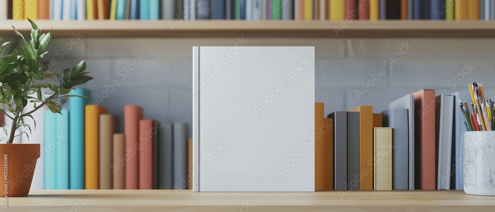 Empty book on shelf, surrounded by colorful books Empty book on shelf, surrounded by colorful books