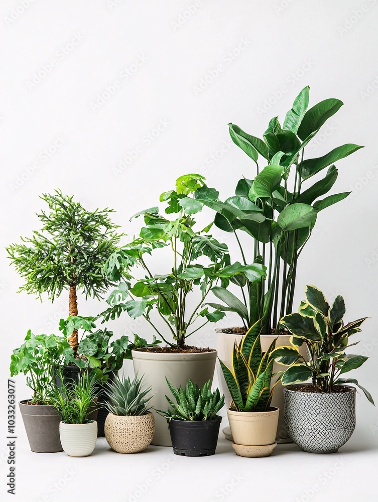 Fototapeta premium A vibrant assortment of houseplants in stylish pots highlights the beauty and variety of indoor greenery against a clean backdrop.