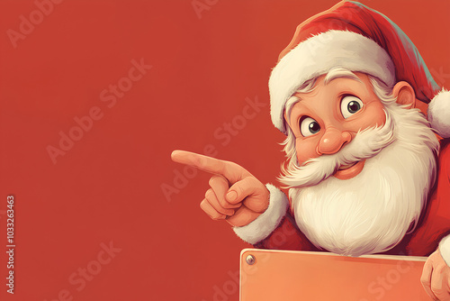 Santa Christmas cartoon character peeking over a sign and pointing at it