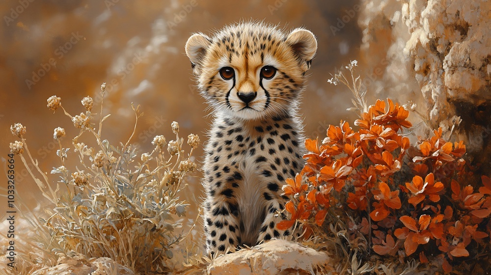 Obraz premium A young cheetah sits among vibrant orange flowers and dry plants in a natural setting.