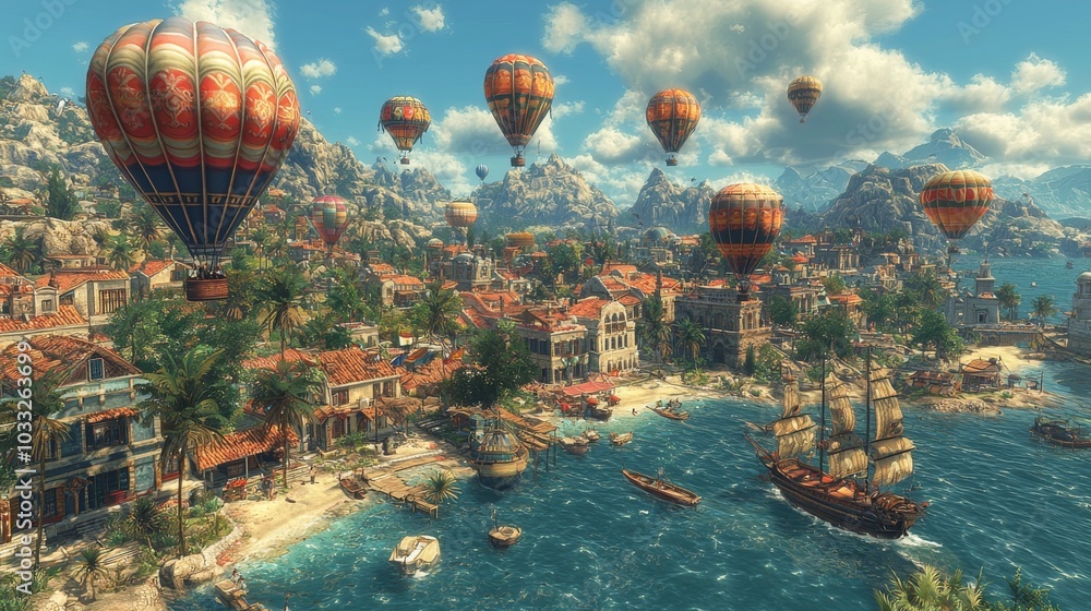 Fototapeta premium Colorful Hot Air Balloons Over Coastal City with Sailboat