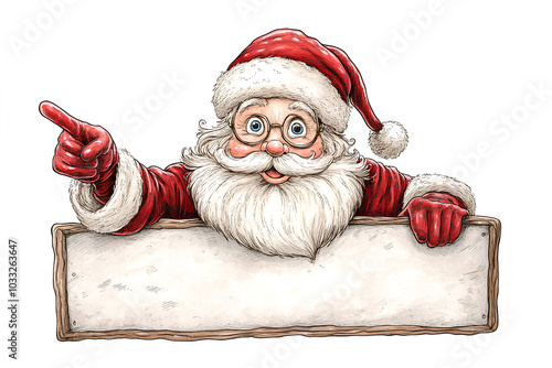 Santa Christmas cartoon character peeking over a sign and pointing at it