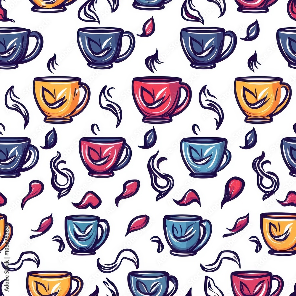 Flat style seamless cup pattern, isolated on a white background. Flat style seamless cup pattern, isolated on a white background.