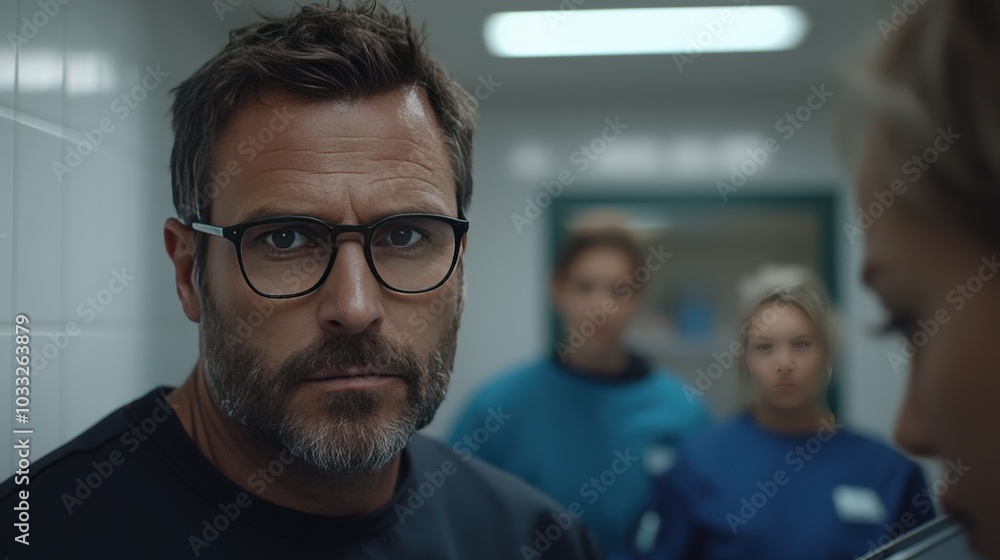 Focused Man with Glasses in a Medical Setting Healthcare Professional Focused Man with Glasses in a Medical Setting Healthcare Professional
