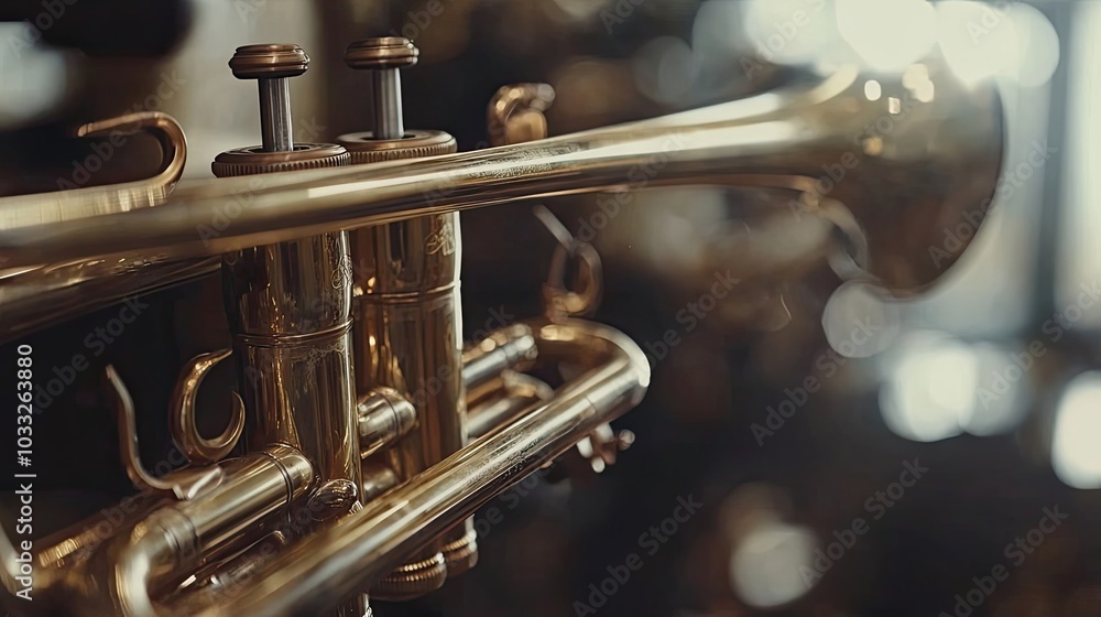 Obraz premium Close-up of a Golden Trumpet's Valves and Bell