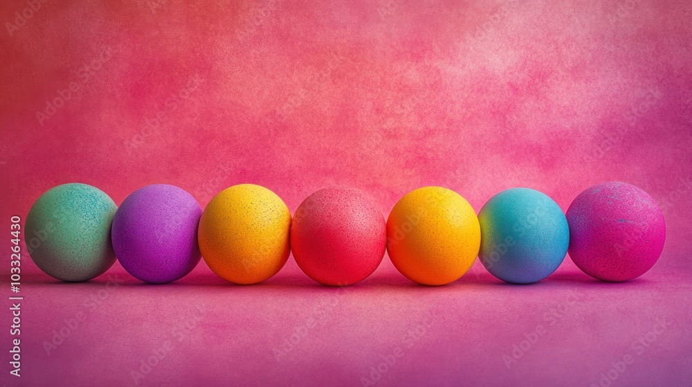 A row of six colorful Easter eggs on a pink background. A row of six colorful Easter eggs on a pink background.