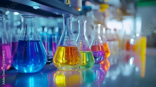 Colorful Erlenmeyer Flasks in a Laboratory Setting