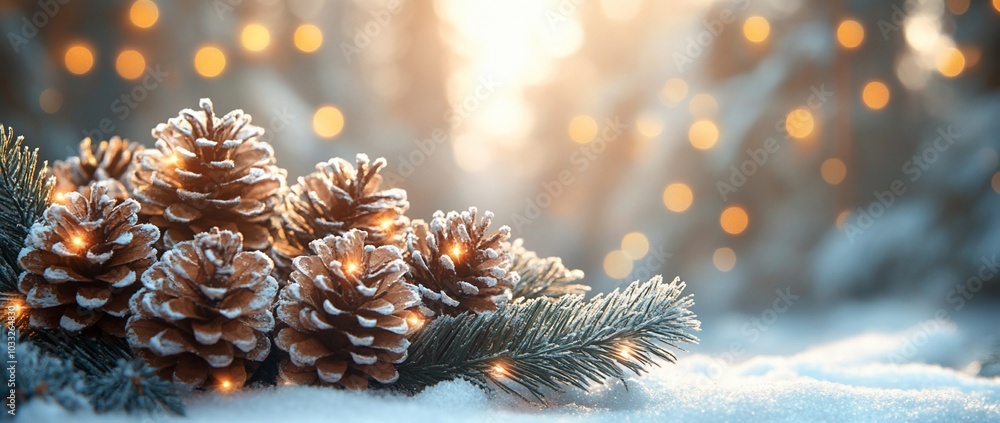 A serene winter scene featuring pine cones, snow, and soft bokeh lights. A serene winter scene featuring pine cones, snow, and soft bokeh lights.