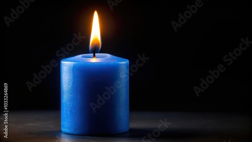 Blue candle with flame on black background