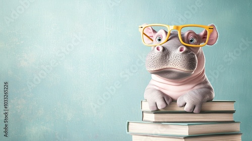 A snarky baby hippo standing on a pile of books, oversized glasses, vibrant 3D illustration, classroom background photo