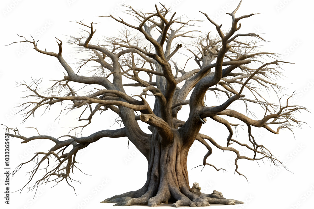 Fototapeta premium hauntingly leafless, old tree with gnarled branches, isolated on a white or transparent background.