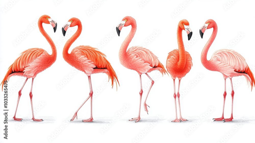 Obraz premium Five pink flamingos on white background.