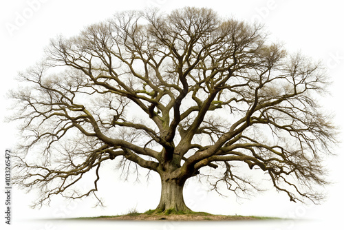 hauntingly leafless, old tree with gnarled branches, isolated on a white or transparent background.