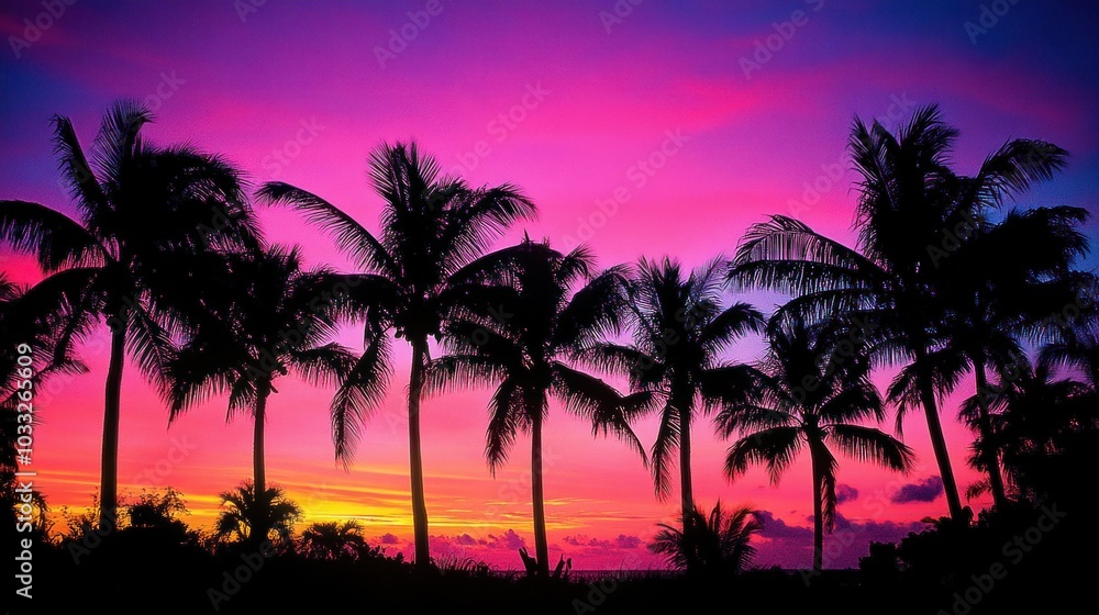 Silhouettes of palm trees against a vibrant, colorful sunset sky. Silhouettes of palm trees against a vibrant, colorful sunset sky.