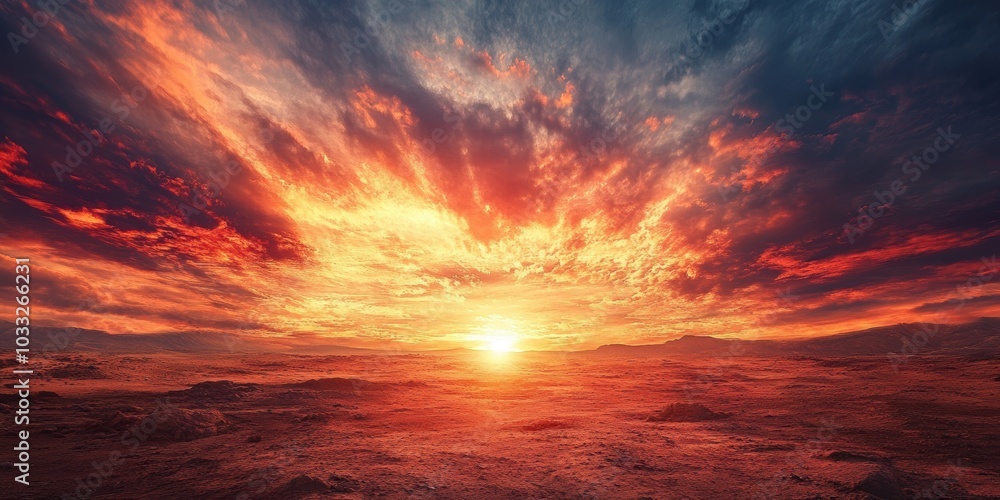 Fiery sunset over a barren, red landscape. Fiery sunset over a barren, red landscape.