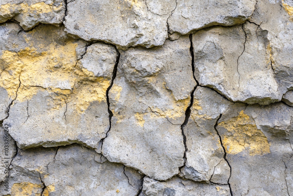 Obraz premium Cracked Concrete Wall Texture: Weathered Surface with Yellow Paint