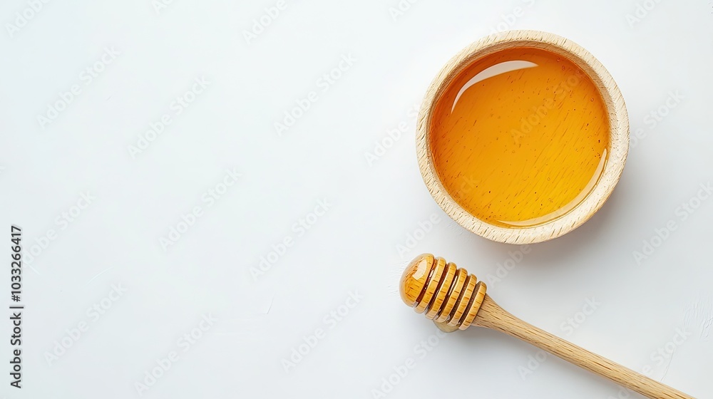 Top view Organic Honey with wooden dipper isolated on white background, healthy food, food blog, minimal background, space for text Top view Organic Honey with wooden dipper isolated on white background, healthy food, food blog, minimal background, space for text