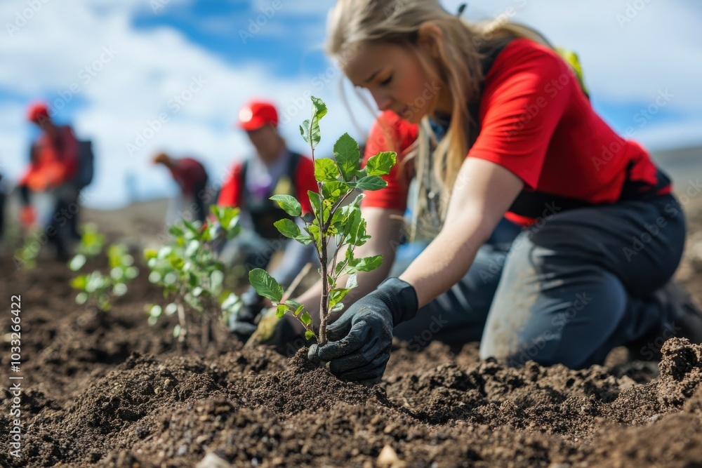 Fototapeta premium A woman is planting a tree in a field with other people