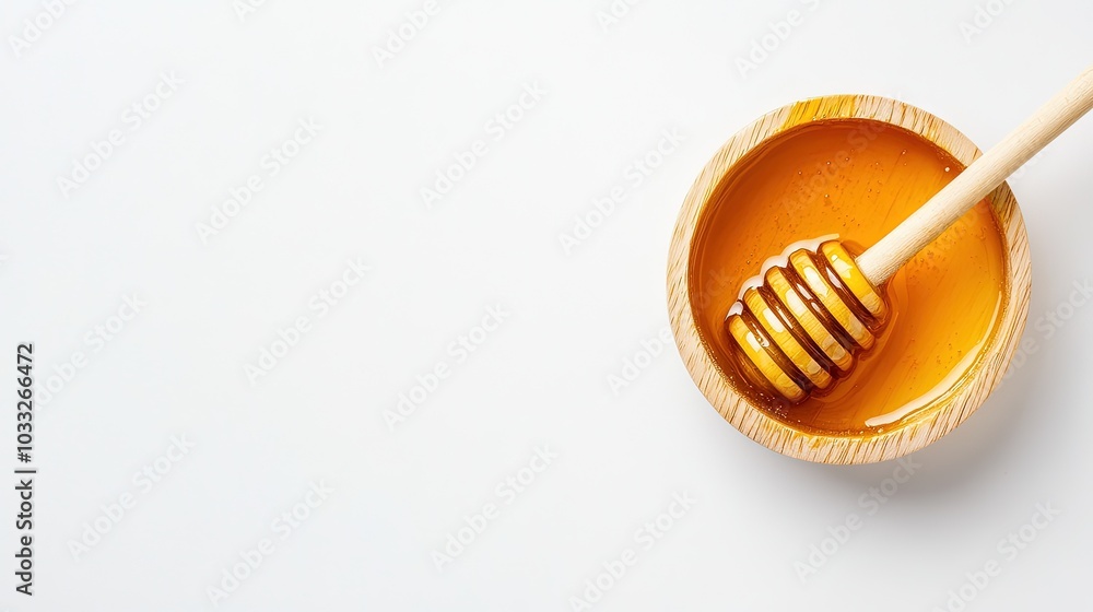 Top view Organic Honey with wooden dipper isolated on white background, healthy food, food blog, minimal background, space for text Top view Organic Honey with wooden dipper isolated on white background, healthy food, food blog, minimal background, space for text