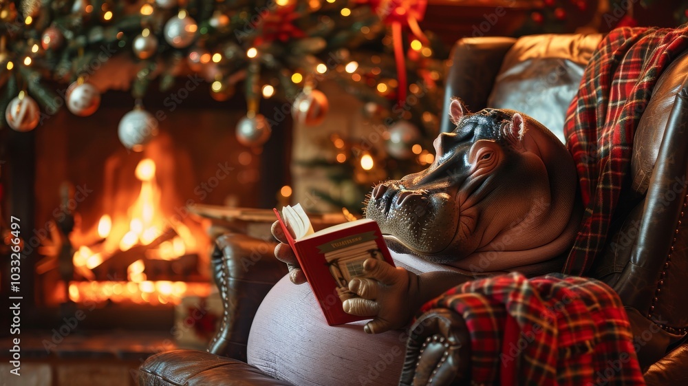 ire crackles as a hippopotamus, nestled in a comfy chair with a mug of cocoa, delves into a Christmas storybook, eyes sparkling with holiday magic. ire crackles as a hippopotamus, nestled in a comfy chair with a mug of cocoa, delves into a Christmas storybook, eyes sparkling with holiday magic.