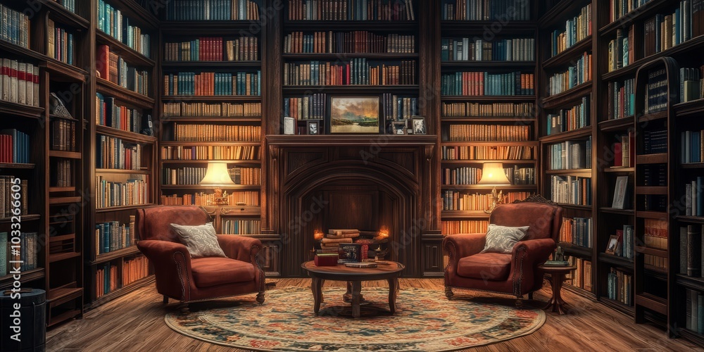 Cozy library with fireplace, bookshelves, and two armchairs. Cozy library with fireplace, bookshelves, and two armchairs.