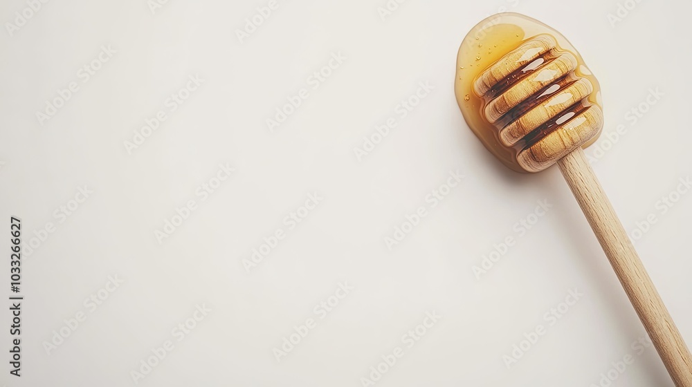 Top view Organic Honey with wooden dipper isolated on white background, healthy food, food blog, minimal background, space for text Top view Organic Honey with wooden dipper isolated on white background, healthy food, food blog, minimal background, space for text