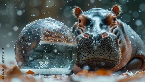 A hippopotamus finds enchantment in a snow globe, its curious gaze fixated on the swirling snowflakes and the tiny figures enjoying winter festivities. photo