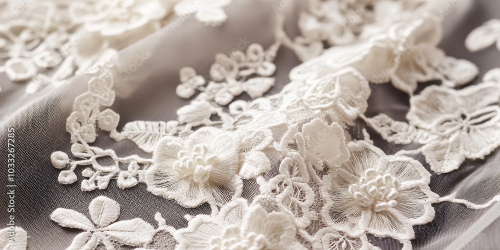 White floral embroidery on sheer fabric. White floral embroidery on sheer fabric.