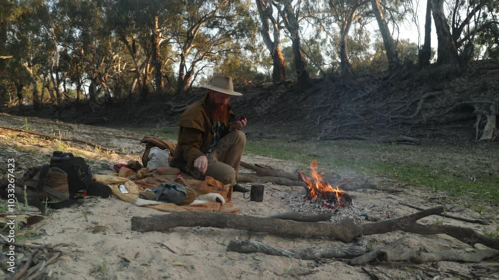 Traditional bushman sitting around a campfire in a river bed in the Australian outback. Traditional bushman sitting around a campfire in a river bed in the Australian outback.