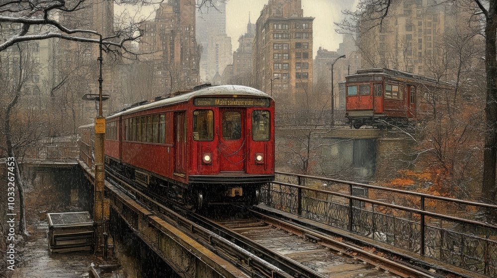 Fototapeta premium Red train tracks in the city during winter.