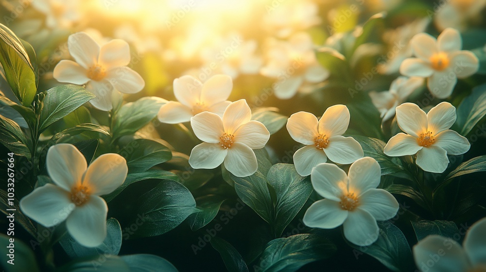A close-up view of white flowers amidst lush greenery, illuminated by soft sunlight. A close-up view of white flowers amidst lush greenery, illuminated by soft sunlight.