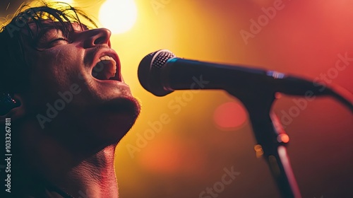 Close-up of a Male Singer Performing on Stage with Microphone