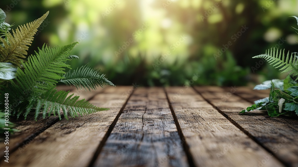 Wooden floor is made of beautifully patterned wood and fern leaves are made of plastic placed on the side. Make image blur on the left side. copy space for text Wooden floor is made of beautifully patterned wood and fern leaves are made of plastic placed on the side. Make image blur on the left side. copy space for text
