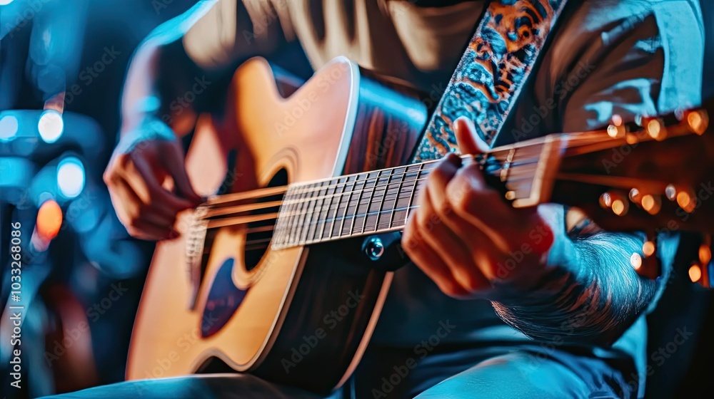Obraz premium Close-up of a Person Playing an Acoustic Guitar
